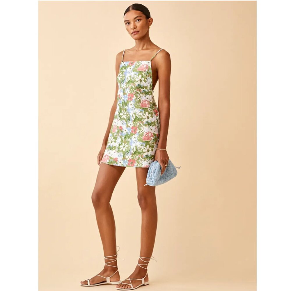 Reformation Floral Mini Dress in Green, Pink, White
